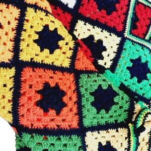 VTG Granny Square Afghan Blanket SOFA THROW Crocheted  Fluorescent Rainbow 44x72